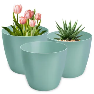 PECZEKO Blumentopf matt, 3er-Set blumenkübel, 20/25/30 cm Pflanzkübel aus Übertopf Kunststoff Topf für, groß und klein Pflanzen, 3er-Set blumenkübel kräutertopf, Grün