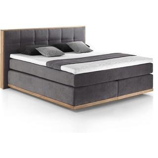 Mivano Levana Boxspringbett mit Sockel aus Eiche, 7-Zonen-Federkern, Matratzen H2/H3 + Topper Premium, Mikrofaser, Anthrazit, Liegefläche 160 x 200 cm