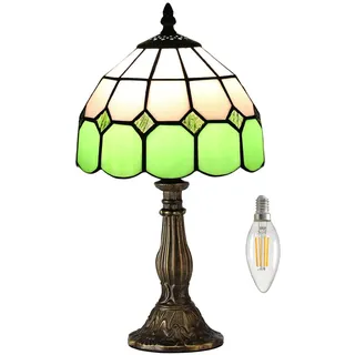 Kinbolas Tischlampe kleine im Tiffany Stil,Vintage Nachttischlampe Grün,Schlafzimmer Fensterbank Deko Lampe,Jugendstil Tischleuchte,Bunte Glas lampenschirm 20cm/8 Zoll Mit LED E14 2700K Birne