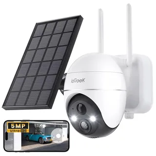 ieGeek 5MP PTZ Überwachungskamera Aussen Akku WLAN mit Solarpanel | 30m Farbnachtsicht, PIR-Bewegungsmelder, Zwei-Wege-Audio, 2.4GHZ WiFi, 4DBi WLAN-Antenne, Alexa Kamera, Weiß
