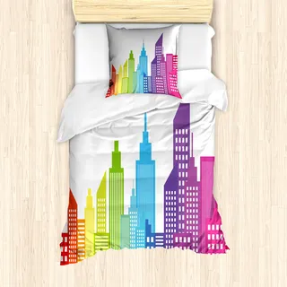 ABAKUHAUS Stadt Mantele, Bunte Skyline Stadt, Milbensicher Allergiker geeignet mit Kissenbezügen, 135 cm x 200 cm - 80 x 80 cm, Mehrfarbig