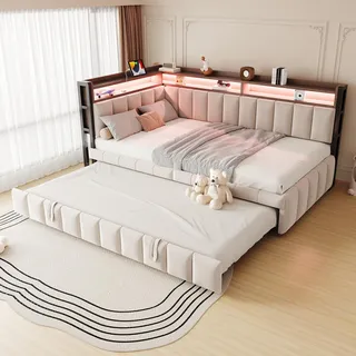 Flieks Schlafsofa Tagesbett 90x200cm mit Ausziehbett, Jugendbett Einzelbett mit Ladefunktion und LED, Polsterbett Metallbett, Samt, Beige - Beige