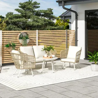 Outsunny Gartenmöbel Set aus Polyrattan Lounge-Set mit 2er Sofa Sessel Tisch Kissen wetterfest Sitzgruppe für Garten Balkon Terrasse Khaki