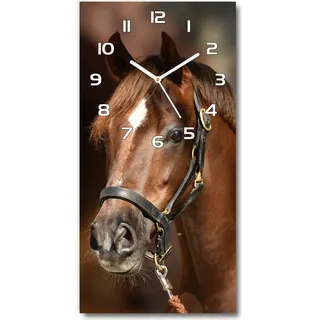 Wanduhr aus Glas – 30x60 cm - Glasbild - Glasuhr - Gehärtetes Glas -Porträt eines Pferdes - Braun