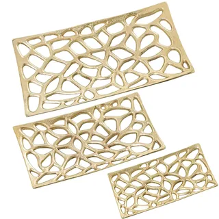 DRW Set mit 3 rechteckigen, Durchbrochenen Zentren aus goldfarbenem Aluminium, 51 x 26 x 6 + 41 x 21 x 5,5 + 31 x 16 x 4 cm, Metall, Gold, 51x26x6+41x21x5,5+31x16x4 cm