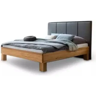 Eiche Massivholzbett mit gepolstertem Kopfteil – 200 x 200 cm / Polyurethangrau