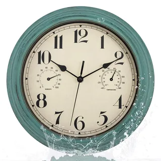 Foxtop Wasserdicht Lautlos Wanduhr mit Thermometer und Hygrometer, 30cm Outdoor Retro Gartenuhr Wanduhr, Ohne Tickgeräusche Gartenuhr Wetterfest Outdoor für Badezimmer Garten Küche Verandas