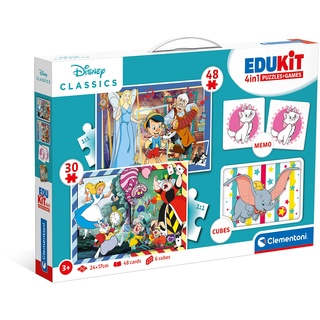 CLEMENTONI Edukit 4 in 1 Set (Memo, Puzzle 30 und 48 Stücke, 6 Würfel) - pädagogische Spiele für Kinder - Memory und Logik-Spiel 18290