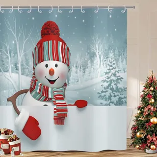 ASDCXZ Weihnachten Duschvorhang 180x200 cm, Niedlich Rot Hut Schneemann Skifahren Schneelandschaft Bad Waschbar Duschvorhänge Polyester Textil Wasserdicht Duschvorhang für Badewanne mit 12 Haken
