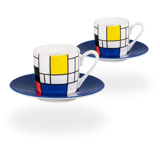 tea4chill Könitz Espresso Tassen Set Mondrian Small Fragments. 2 Kaffeetassen 65ml aus Porzellan. Espressotassen modern, bunt - Bunt