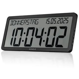 Kienzle Funkwanduhr groß mit DCF-Zeitsignal Datumsanzeige LCD-Display 33,9x12,4 cm Wandmontage oder Standfuß schwarz batteriebetrieben - Schwarz