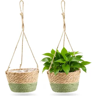 CHENKEE Blumenampel,2 Stück Seagrass Makramee Blumenampel Hängend Innen,Handgewebter Pflanzkübel Hängekorb,Deko Hängeampel,für Innen Außen Garten Wohnzimmer Balkon Fenster