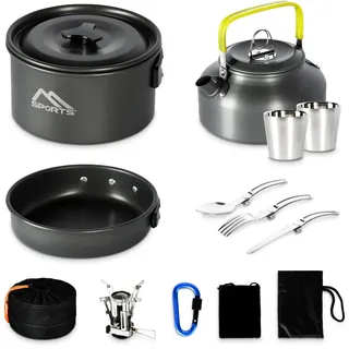 MSPORTS Camping Kochset Premium - Kochgeschirr Outdoor aus Aluminium um Geschirr Set Kochtopf Topf & Pfanne aus Aluminium und Edelstahl, für 2-5 Personen