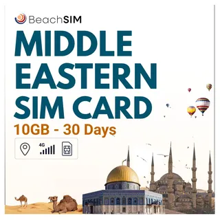 BeachSIM Nahen Osten SIM Karte 30 Tage. 10 GB Datenvolumen mit 4G/5G-Netzen. Kostenloses Roaming in Algerien, Israel, Katar, Saudi-Arabien, Tunesien und den Vereinigten Arabischen Emiraten. Nur Daten.