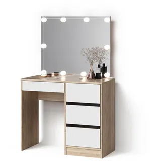 Livinity® Schminktisch Imola Sonoma 90 cm mit LED Beleuchtung , Sonoma Eiche , Holzwerkstoff , 4 Fächer , 4 Schubladen , Rechteckig , 90x75x40 cm , Schlafzimmer, Schminktische