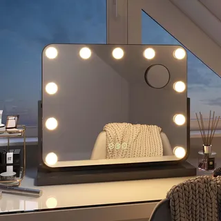 EMKE Hollywood Kosmetikspiegel 118x500x416mm mit 7x Vergrößerungsspiegel, Schwarz Schminkspiegel mit intelligent Touchscreen und 3 Lichtfarben, 11 Dimmer-LED-Leuchten, 360° drehbar und Memory-Funktion - Schwarz