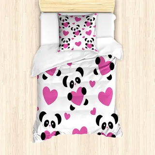 ABAKUHAUS Liebe Mantele, Love Pandas Herzen, Milbensicher Allergiker geeignet mit Kissenbezügen, 135 cm x 200 cm - 80 x 80 cm, Fuchsia Schwarz Weiß - Schwarz