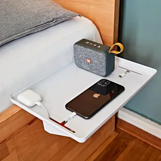 3 PAGEN® Bettablage, Nachttisch zum Einhängen für Bett und Etagenbett, Regal für Hochbett mit Kabelhalter, Betttablett schwebend, belastbar bis 11 kg, Weiß, ABS
