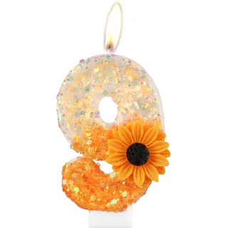 Orange Gänseblümchen Geburtstagskerzen, Orange Geburtstag Zahl 9 Kerzen für Geburtstagskuchen, niedliche Blume 9 Geburtstagskerze, Glitzer-Blumenkerze für Mädchen 9th Geburtstag Party-Dekorationen