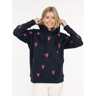 Kapuzensweatshirt ZWILLINGSHERZ, Damen, Gr. S/M, blau (marine), Sweatware, Obermaterial: 50% Baumwolle, 50% Polyester, unifarben mit Farbeinsätzen, bequem hüftbedeckend, ohne Ausschnitt, angesetztes Bündchen, Sweatshirts Kapuzensweatshirt, Hummer-Stickerei, Kapuze, Kordelzug, Baumwollmix