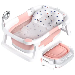 Rabb 1st Baby Badewanne Faltbare, Baby Bathtub Babywanne Faltbar Babybadewanne Tragbare Wanne für Neugeborene Kleinkinder mit Rutschfester Matte und Abflussloch (Kein Thermometer) (Rosa)