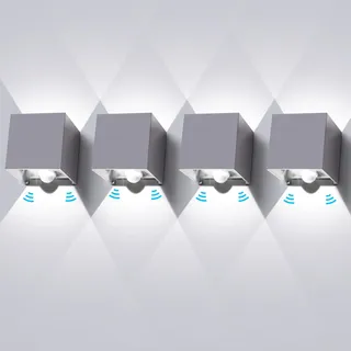 ledmo 4 Stücke 12W Aussenlampe mit Bewegungsmelder, IP65 Wasserdichte Außenwandleuchten, LED 6000K Kaltweiß Wandleuchte Innen/Außen, Einstellbarer Lichtstrahl außenlampe mit bewegungsmelder, Grau