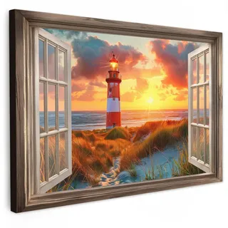 MuchoWow Leinwandbild Aussicht - Fenster - Leuchtturm - Sonnenuntergang - Strand Wohnzimmer Groß 120x80 cm , Dunkelorange , Textil , Kiefer , Abstrakt , Rechteckig , 120x80 cm , FSC 100% , gerahmt , Bilder & Rahmen, Bilder, Leinwandbilder