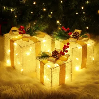 Quntis 3 Set LED Geschenkbox Weihnachten, Weihnachtsdeko Innen Strombetrieben, 60 warmweiße LEDs, Beleuchtete Weihnachten Deko für Weihnachtsbaum Fensterbank Zimmer Garten - Champagnerfarbe