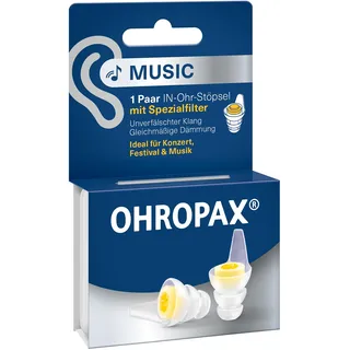 OHROPAX Music Ohrstöpsel – mit Spezialfilter – unverfälschter Klang bei gleichmäßiger Dämmung – Schalldämmwert SNR 19 dB – ideal für Konzerte – 1 Paar mit eingesetztem Filter + 1 kleineres Stöpselpaar