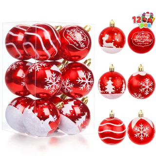 JOIEDOMI 12-teiliges Weihnachtskugel-Ornament-Set in Rot und Weiß, 5,8 cm, zarte Bemalung und glitzernde Weihnachtskugeln, bruchsicher, Weihnachts-Hängedekoration für Baumgeländer, Girlande, Feiertage