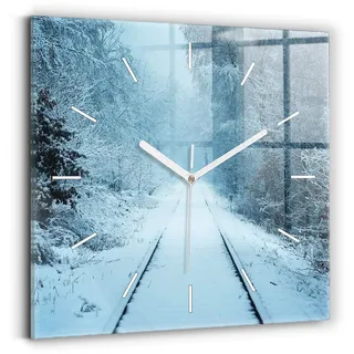 Wallfluent Wanduhr – Stilles Quarzuhrwerk - Uhr Dekoration Wohnzimmer Schlafzimmer Küche - Zifferblatt mit Striche - weiße Zeiger - 30x30 cm - Hirsche auf den Gleisen - Weiß