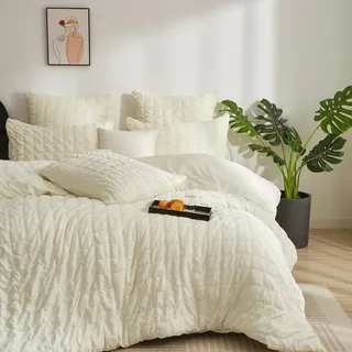 YASMENG Seersucker Bettwäsche 155x220 Beige Kariert Bettwäsche Seersucker Gitter Weich Atmungsaktiv Mikrofaser Bettwäsche Modern Bettbezug Set 3 Teilig mit Reißverschluss und 2 Kissenbezüge 80x80 cm