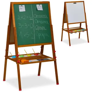 Relaxdays Kinderstandtafel, magnetische Spieltafel, höhenverstellbar, 122-160x65x69 cm, Whiteboard & Kreidetafel, braun