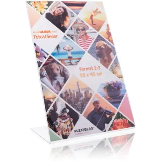 Fotoständer (Bilderrahmen) im Foto-Format 30 x 45 cm Fotoaufsteller als glasklarer Bilderständer, Fotorahmen, rahmenloser Bildhalter als Aufsteller aus PLEXIGLAS für ihre Lieblings-Fotos und Bilder