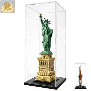 Acryl Vitrine Schaukasten 3MM für LEGO 21042 Freiheitsstatue 42221 NASA Artemis, Glasvitrine Acrylbox Transparent für Figuren Sammlerstücke Spielzeug | mit LED, Schwarz Innen 20x20x50cm