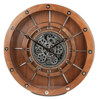 formano Wanduhr 60cm mit drehenden Zahnrädern Braun Silber Industrial Stil Holz - Bunt