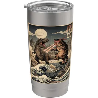 Vintage Retro Cat Vs Monster Trex Japanisch Japan Ukiyo-e Art Doppelwandiger Edelstahl-Thermobecher