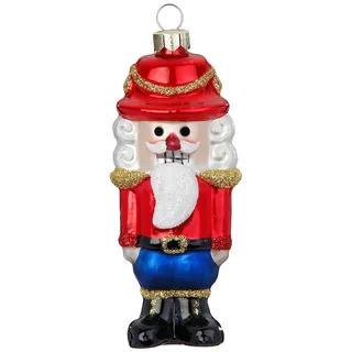 Holly & Jolly - Weihnachtskugel Nussknacker, ca. 9 cm | Christbaumkugel aus Glas, handbemalt, Weihnachtsbaumschmuck in Rot und Blau, beglittert, Weihnachtsdeko für Innen