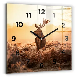Wallfluent Wanduhr – Stilles Quarzuhrwerk - Uhr Dekoration Wohnzimmer Schlafzimmer Küche - Zifferblatt - schwarze Zeiger - 30x30 cm - Hirsche bei Sonnenaufgang - Braun
