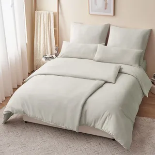 RUIKASI Bettwäsche 135x200 4teilig Beige - Oeko Tex Bettbezüge 135 x 200 2er Set mit Kissenbezüge 80x80, Bettwäsche-Sets 135x200cm aus Mikrofaser mit Reißverschluss Weich und Bügelfrei