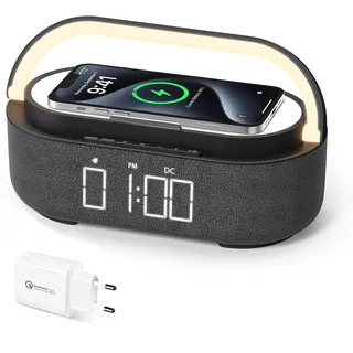 COLSUR Radiowecker Digital mit Wireless Charger, Bluetooth Lautsprecher mit USB-Ladegerät, Smart Wecker Schlummerfunktion Induktive Ladestation, Nachtlampe, Dimmbares LED-Display und Batterie-Backup