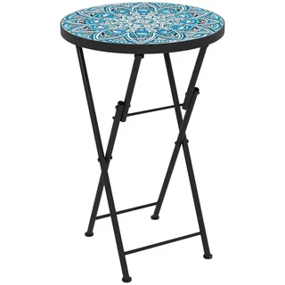 Beistelltisch klappbar Gartentisch mit Mosaik-Design, Ø35,5 x 55 cm Rund wetterfest Balkontisch aus Metall, Campingtisch Klapptisch Kaffeetisch für Wohnzimmer Büro Outdoor Indoor, Blau Aosom