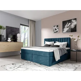 Boxspringbett Schlafzimmerbett LINNEA 200x200cm Stoff Blau inkl. Bettkasten - Blau