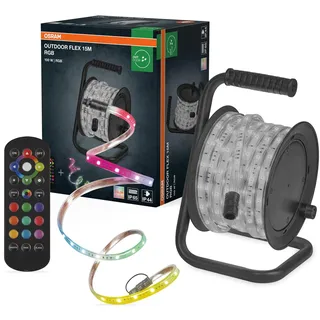 Osram Outdoor Flex RGB LED Streifen 15M IP65, inkl. Fernbedienung, bis 50 m erweiterbar, mit Kabeltrommel, Anschlusskabel, Zubehör