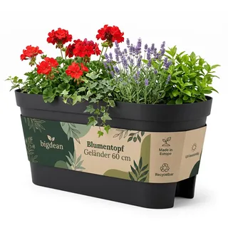 BigDean Blumenkasten Balkongeländer 60cm Anthrazit | Balkonkasten inklusive Halterung, Blumentopf zum Aufhängen, Wasserablauf gegen Staunässe,Balkontopf, Geländertopf