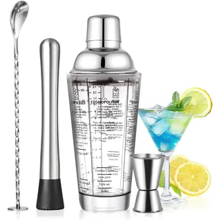 SAVORLIVING 14oz Cocktail-Shaker-Set aus Glas, 4-teiliges Barkeeper-Set, Martini-Mixer-Shaker mit integriertem Sieb, Rührlöffel, Messbecher und Stößel, Bar-Werkzeugset für Anfänger (Silber)