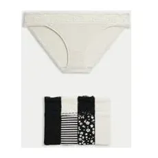 Womens M&S Collection 5er-Pack gemusterte Bikinislips aus Baumwollmischgewebe - Black Mix, Black Mix, UK 14 (EU 42)