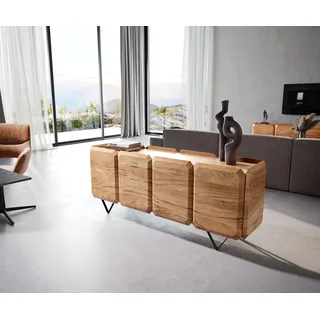 DELIFE Sideboard Kiano 175 cm Akazie Natur 4 Türen V-Fuß Schwarz Raumteiler - Hellbraun, Braun