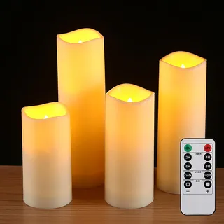 FREEPOWER 4er LED Kerzen Outdoor Wasserdicht mit Timer Fernbedienung Flackern Batteriebetrieben Flammenlose Stumpenkerzen Warmweiß Advenskerzen für Adventskranz Deko, Ø5,5x10/12,5/15/17,5cm