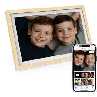 Xoro 14 Zoll WiFi Digitale Bilderrahmen, 1920x1080 Full HD 1080P IPS Touch Display, 32GB Speicher, Automatische Rotation, Buchenholz, Teilen Sie Fotos sofort von überall aus